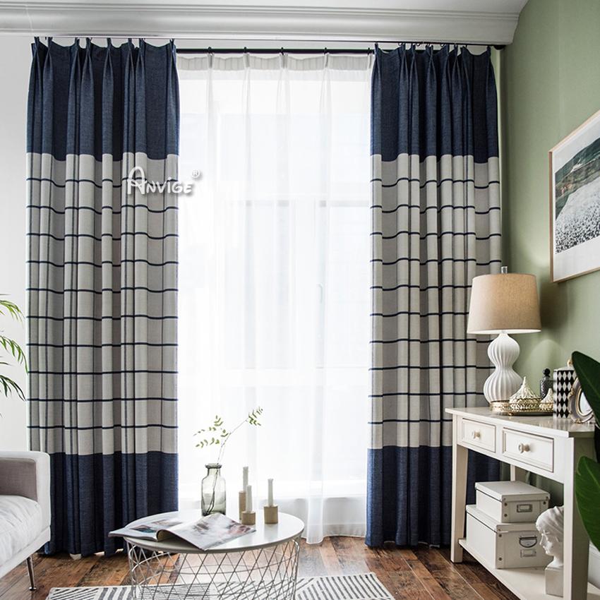 ANVIGE Modern Cotton Linen Stripes Blue Color Printed,Grommet Window Curtain Blackout Curtains For Living Room,52''Wx63''L,1 Panel