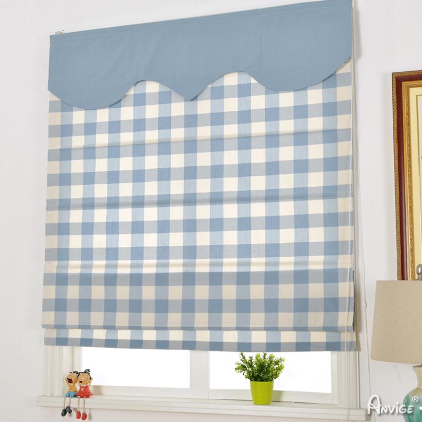 ANVIGE Modern Blue Plaid With Blue Valance Customized Roman Shades ,Easy Install Washable Curtains ,Customized Window Curtain Drape, 24"W X 64"H