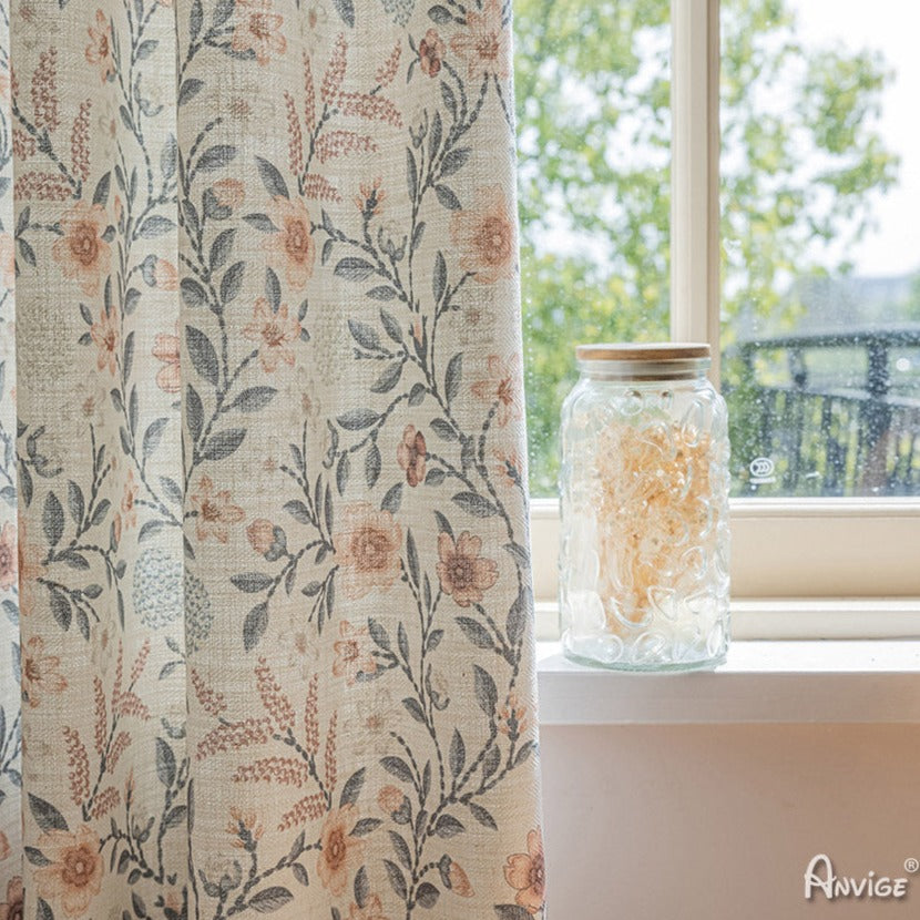 Anvige Home Textile Pastoral Curtain ANVIGE Pastoral Cotton Linen Flowers Printed,Grommet Window Curtain Blackout Curtains For Living Room,52''Wx63''L,1 Panel