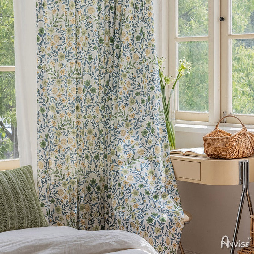 Anvige Home Textile Pastoral Curtain ANVIGE Pastoral Cotton Linen Green Floral,Grommet Window Curtain Blackout Curtains For Living Room,52''Wx63''L,1 Panel