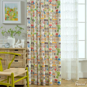 ANVIGE Cartoon Cotton Linen City Street Printed,Grommet Window Curtain Blackout Curtains For Living Room,52''Wx63''L,1 Panel