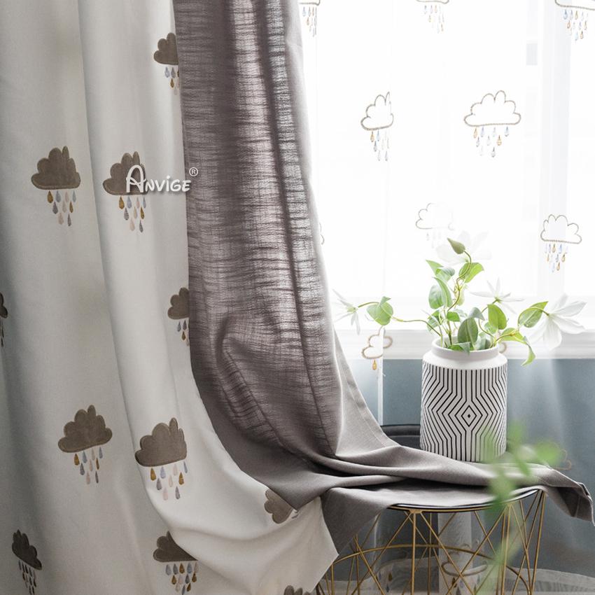 ANVIGE Cartoon Cotton Linen Coffee Clouds Embroidered,Grommet Window Curtain Blackout Curtains For Living Room,52''Wx63''L,1 Panel