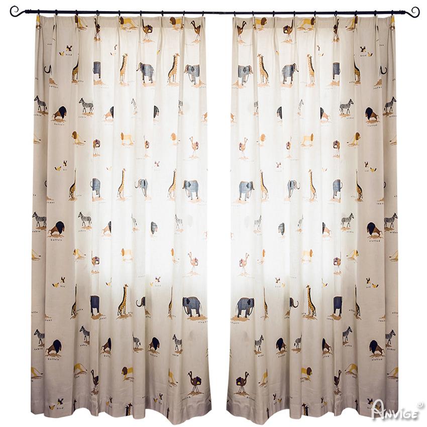 ANVIGE Cartoon Cotton Linen Zoo Animals Printed ,Grommet Window Curtain Blackout Curtains For Living Room,52''Wx63''L,1 Panel