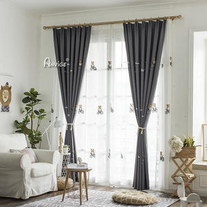 ANVIGE Cartoon Grey Bear Embroidered,Grommet Window Curtain Blackout Curtains For Living Room,52''Wx63''L,1 Panel