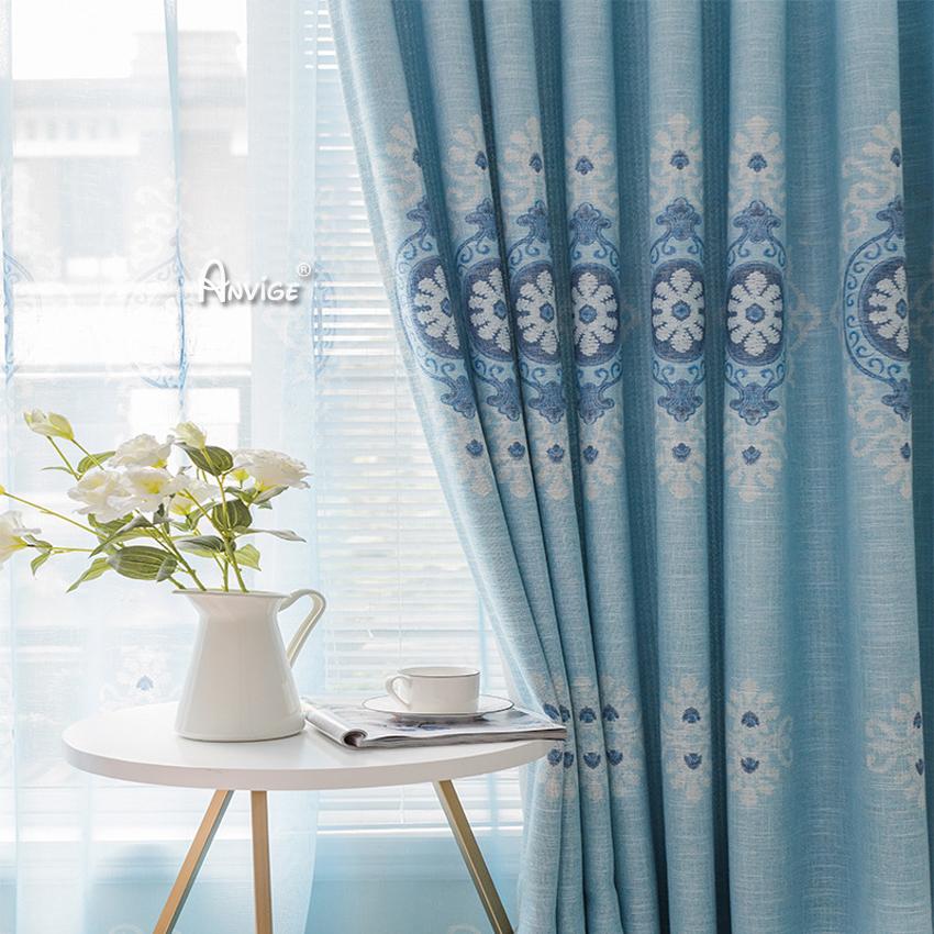 ANVIGE European Luxury Blue Color Embroidered Curtains,Grommet Window Curtain Blackout Curtains For Living Room,52''Wx63''L,1 Panel