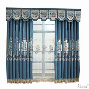 Anvige Home Textile Luxury Curtain ANVIGE Chinese Blue Color Embroidered Curtain With Valance,Custom Made Blackout Window Drapes For Living Room