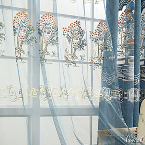 Anvige Home Textile Luxury Curtain ANVIGE Chinese Blue Color Embroidered Curtain With Valance,Custom Made Blackout Window Drapes For Living Room
