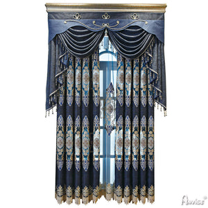 Anvige Home Textile Luxury Curtain ANVIGE Chinese Retro Dark Blue  Embroidered Curtain With Valance,Custom Made Blackout Window Drapes For Living Room