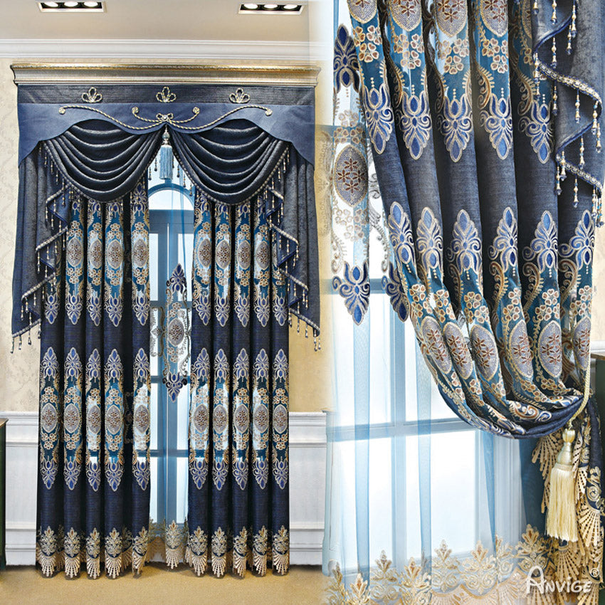 Anvige Home Textile Luxury Curtain ANVIGE Chinese Retro Dark Blue  Embroidered Curtain With Valance,Custom Made Blackout Window Drapes For Living Room