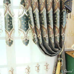 Anvige Home Textile Luxury Curtain ANVIGE Chinese Retro Geometric Embroidered Curtain With Valance,Custom Made Blackout Window Drapes For Living Room
