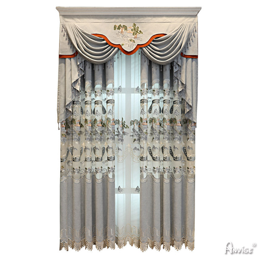 Anvige Home Textile Luxury Curtain ANVIGE Chinese Styple Embroidered Curtain With Valance,Custom Made Blackout Window Drapes For Living Room