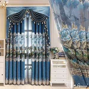 Anvige Home Textile Luxury Curtain ANVIGE European Blue Embroidered Curtains,Customized Valance,Window Treatment For Living Room