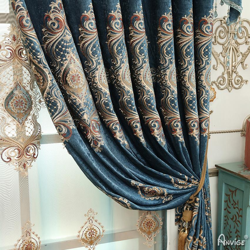 ANVIGE European Blue Embroidered Curtains Fashion Valance,Blackout and Sheer Window Curtain With Grommet Top,52''Wx84''L,1 Panel