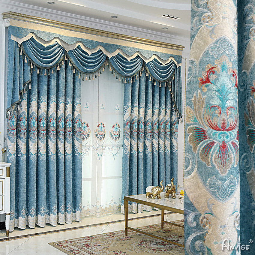 Anvige Home Textile Luxury Curtain ANVIGE European Blue Flowers Embroidered Curtain With Valance,Custom Made Blackout Window Drapes For Living Room