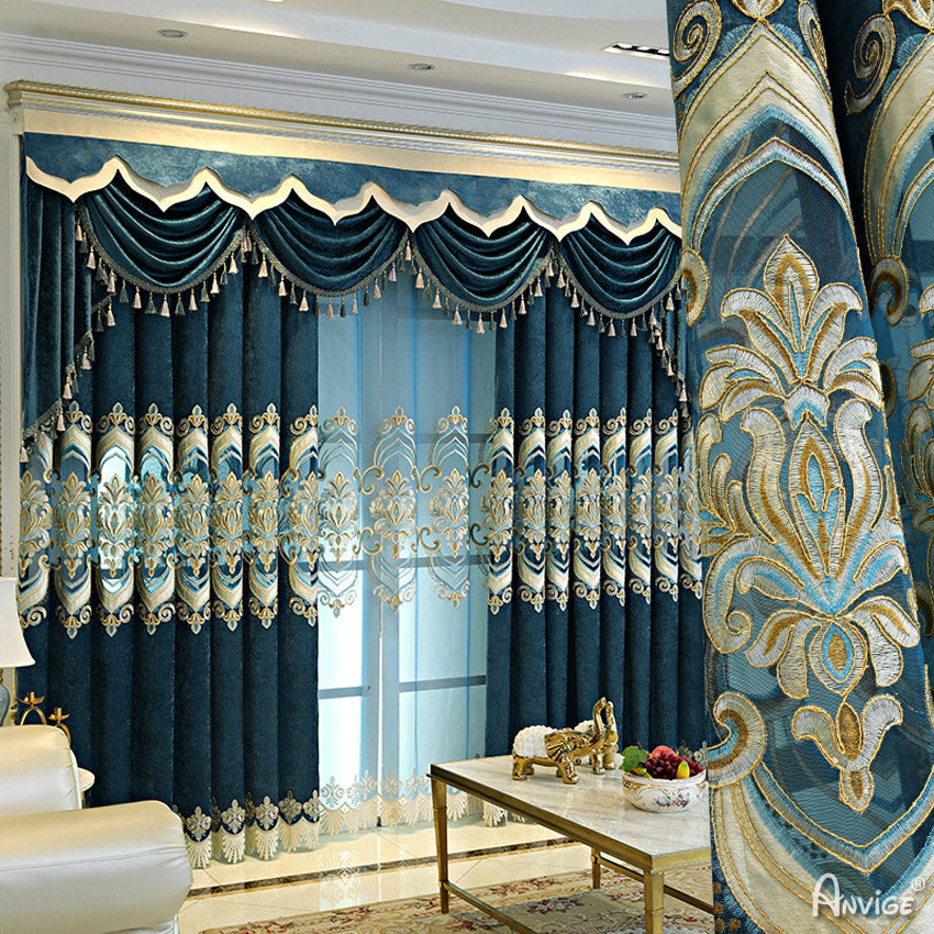 Anvige Home Textile Luxury Curtain ANVIGE European Embroidered Blue,Customized Valance,Blackout Window Curtains For Living Room