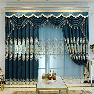 Anvige Home Textile Luxury Curtain ANVIGE European Embroidered Blue,Customized Valance,Blackout Window Curtains For Living Room