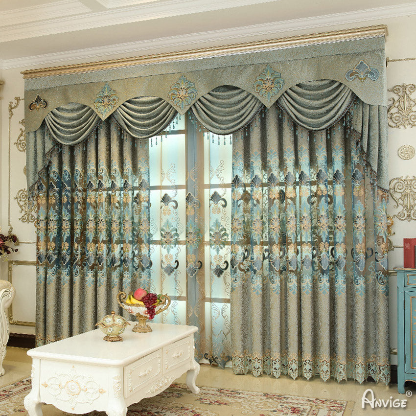 Anvige Home Textile Luxury Curtain ANVIGE European Embroidered Curtain With Valance,Custom Made Blackout Window Drapes For Living Room