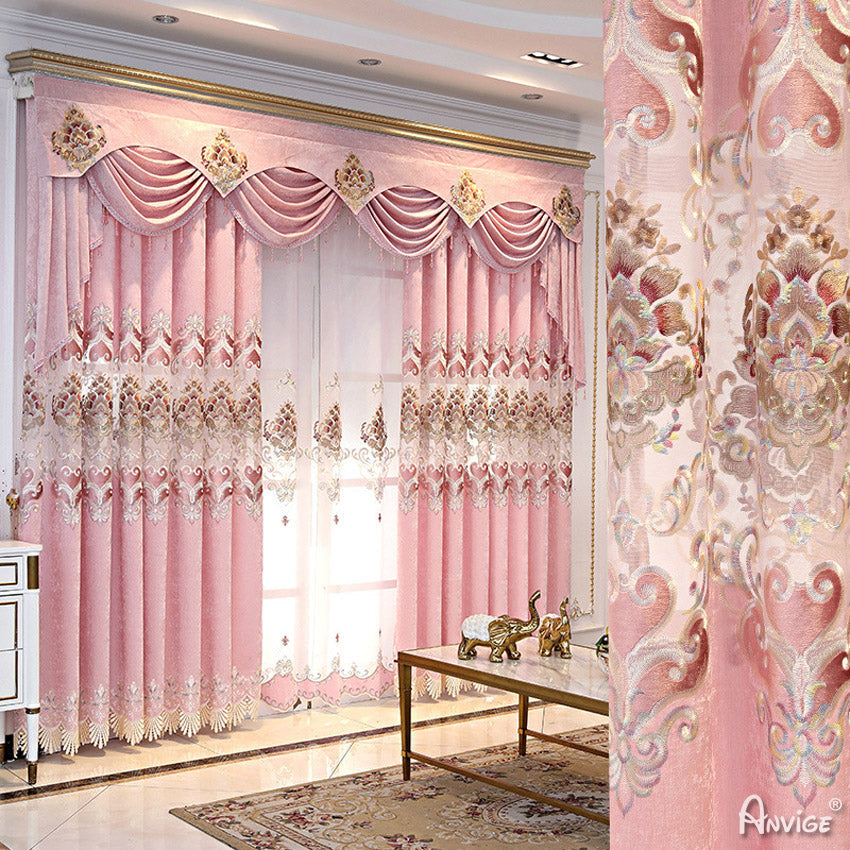 Anvige Home Textile Luxury Curtain ANVIGE European Embroidered Pink,Customized Valance,Blackout Window Curtains For Living Room