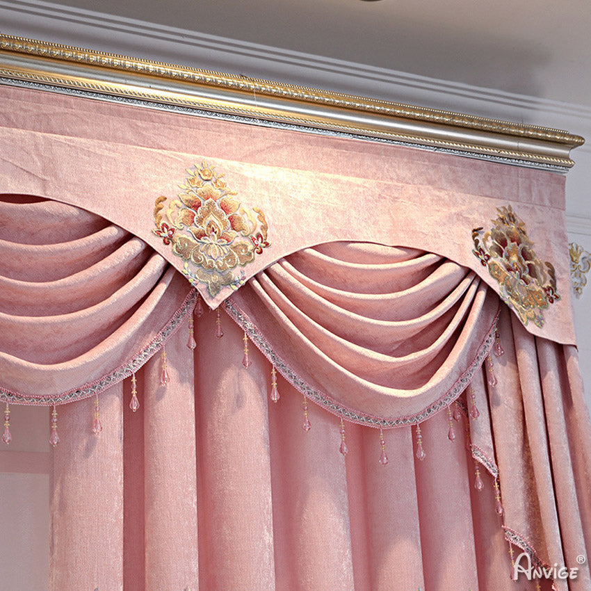 Anvige Home Textile Luxury Curtain ANVIGE European Embroidered Pink,Customized Valance,Blackout Window Curtains For Living Room