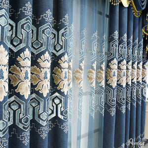 Anvige Home Textile Luxury Curtain ANVIGE European Geometric Blue Embroidered Curtain With Valance,Custom Made Blackout Window Drapes For Living Room