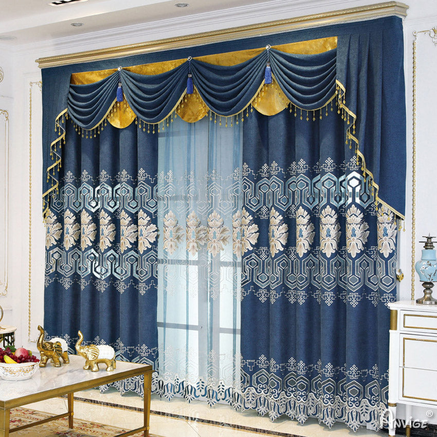 Anvige Home Textile Luxury Curtain ANVIGE European Geometric Blue Embroidered Curtain With Valance,Custom Made Blackout Window Drapes For Living Room
