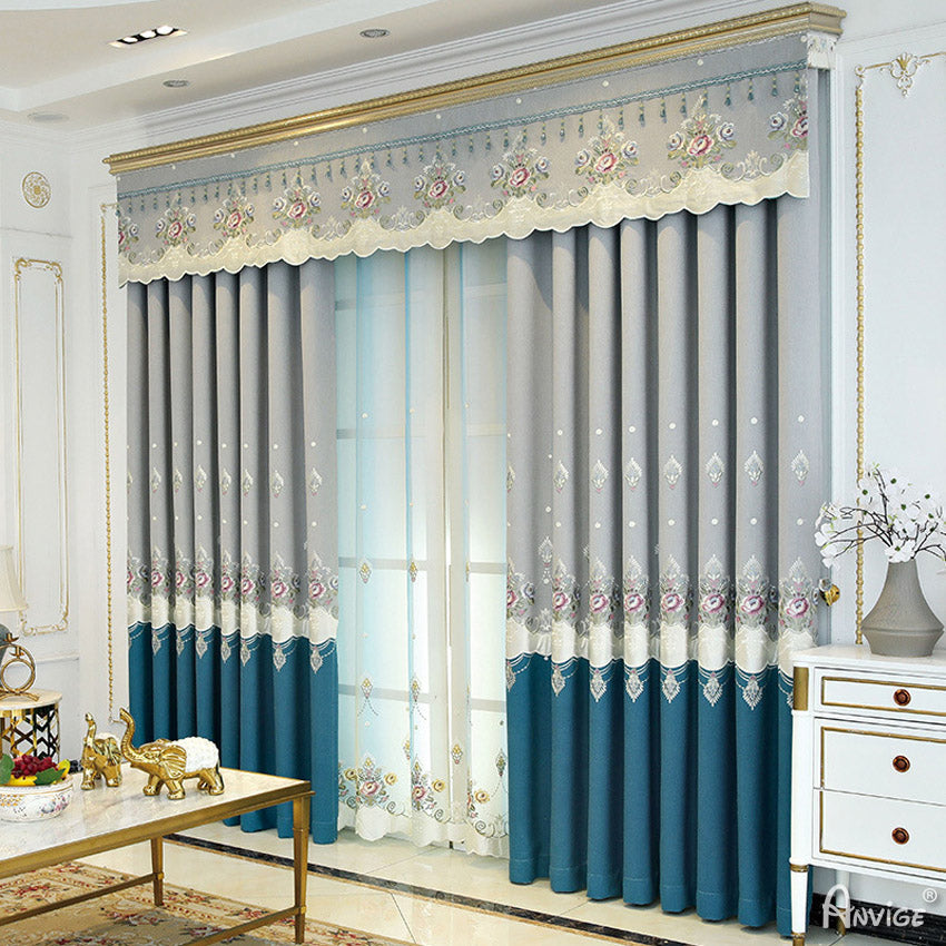 Anvige Home Textile Luxury Curtain ANVIGE European Grey and Blue Embroidered Curtain With Valance,Custom Made Blackout Window Drapes For Living Room