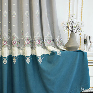 Anvige Home Textile Luxury Curtain ANVIGE European Grey and Blue Embroidered Curtain With Valance,Custom Made Blackout Window Drapes For Living Room