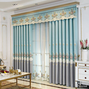 Anvige Home Textile Luxury Curtain ANVIGE European Grey and Light Blue Embroidered Curtain With Valance,Custom Made Blackout Window Drapes For Living Room