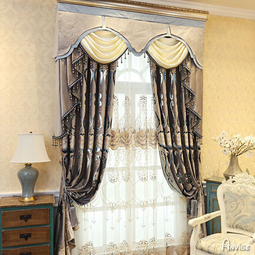 Anvige Home Textile Luxury Curtain ANVIGE European High Quality Thickening Embroidered Curtain With Valance,Custom Made Blackout Window Drapes For Living Room