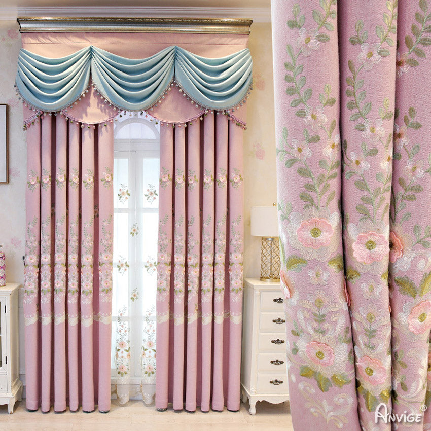 Anvige Home Textile Luxury Curtain ANVIGE European Pink Color Emboirdered Curtains Luxury Valance,Custom Made Blackout Window Drapes For Living Room