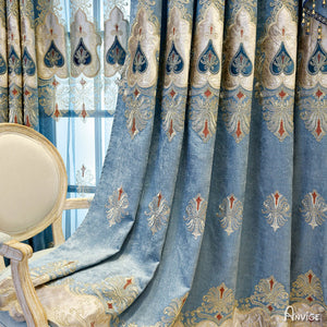 Anvige Home Textile Luxury Curtain ANVIGE European Retro Blue Embroidered Curtain With Valance,Custom Made Blackout Window Drapes For Living Room