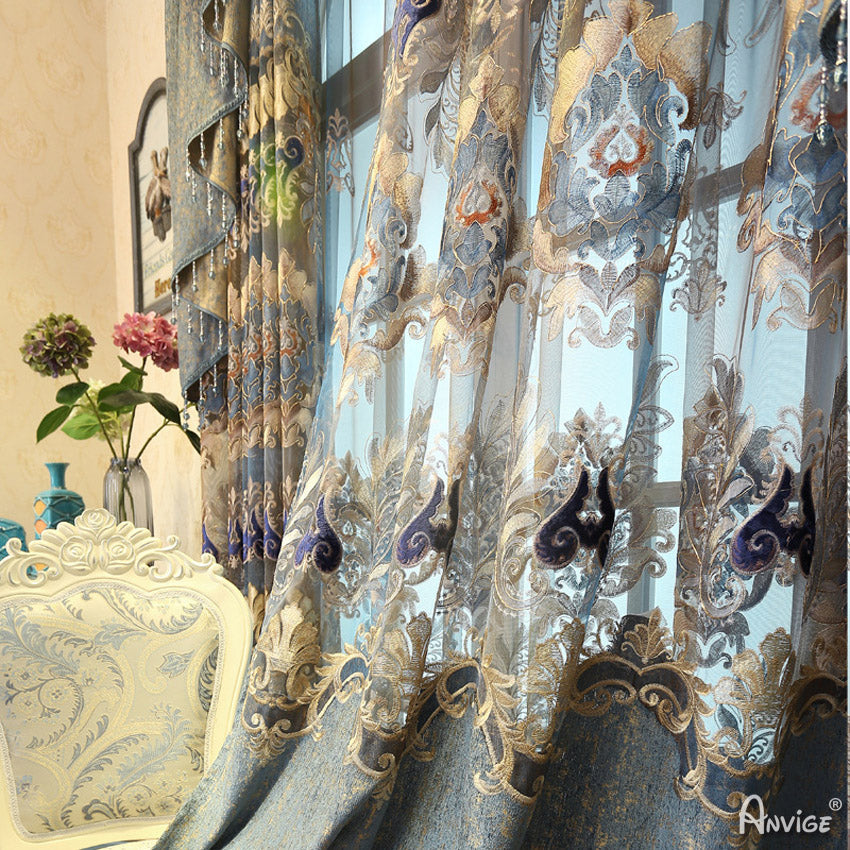 Anvige Home Textile Luxury Curtain ANVIGE European Retro Embroidered Curtain With Valance,Custom Made Blackout Window Drapes For Living Room
