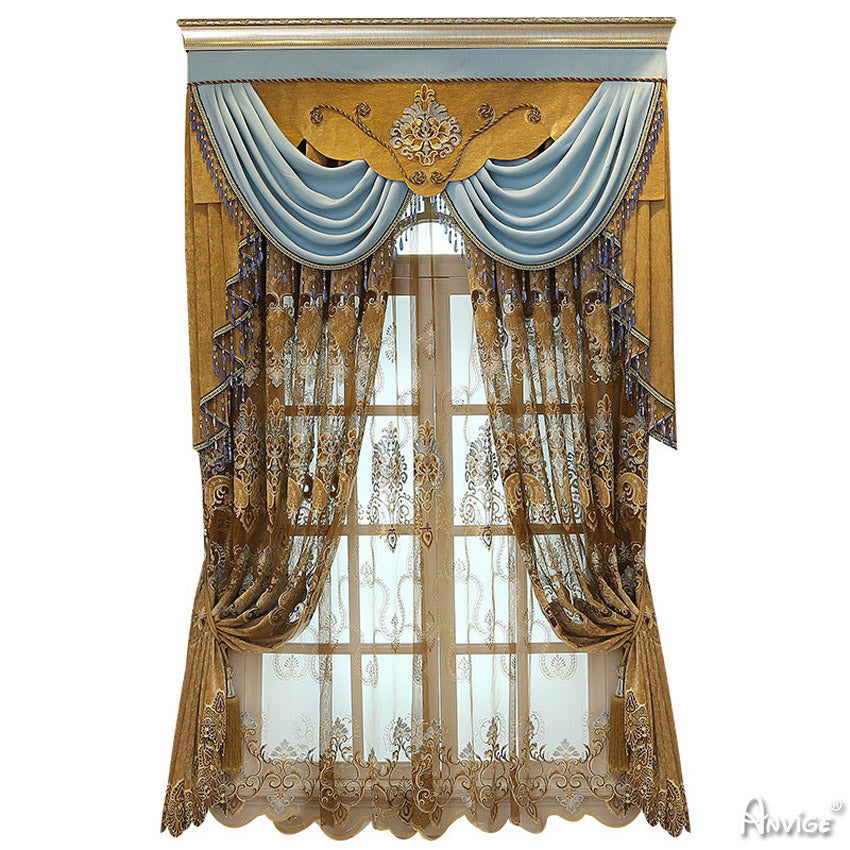 Anvige Home Textile Luxury Curtain ANVIGE European Roral Golden Color Emboridered Curtains,Customized Valance,Window Treatment For Living Room