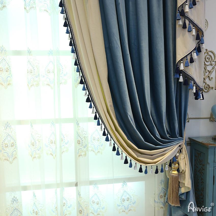 ANVIGE European Roral Luxury Vlevet Beige and Blue Curtains High Quality Valance,Blackout and Sheer Window Curtain With Grommet Top,52''Wx84''L,1 Panel