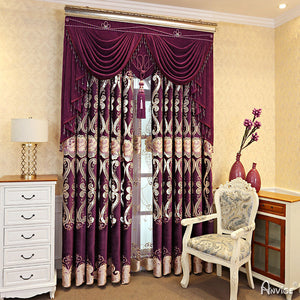 Anvige Home Textile Luxury Curtain ANVIGE European Roral Purple Color Emboridered Curtains,Customized Valance,Window Treatment For Living Room