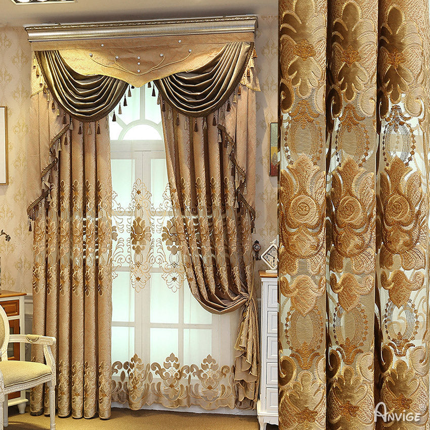 Anvige Home Textile Luxury Curtain ANVIGE Fashion Coffee Color Embroidered Curtains Luxury Valance,Custom Made Blackout Window Drapes For Living Room