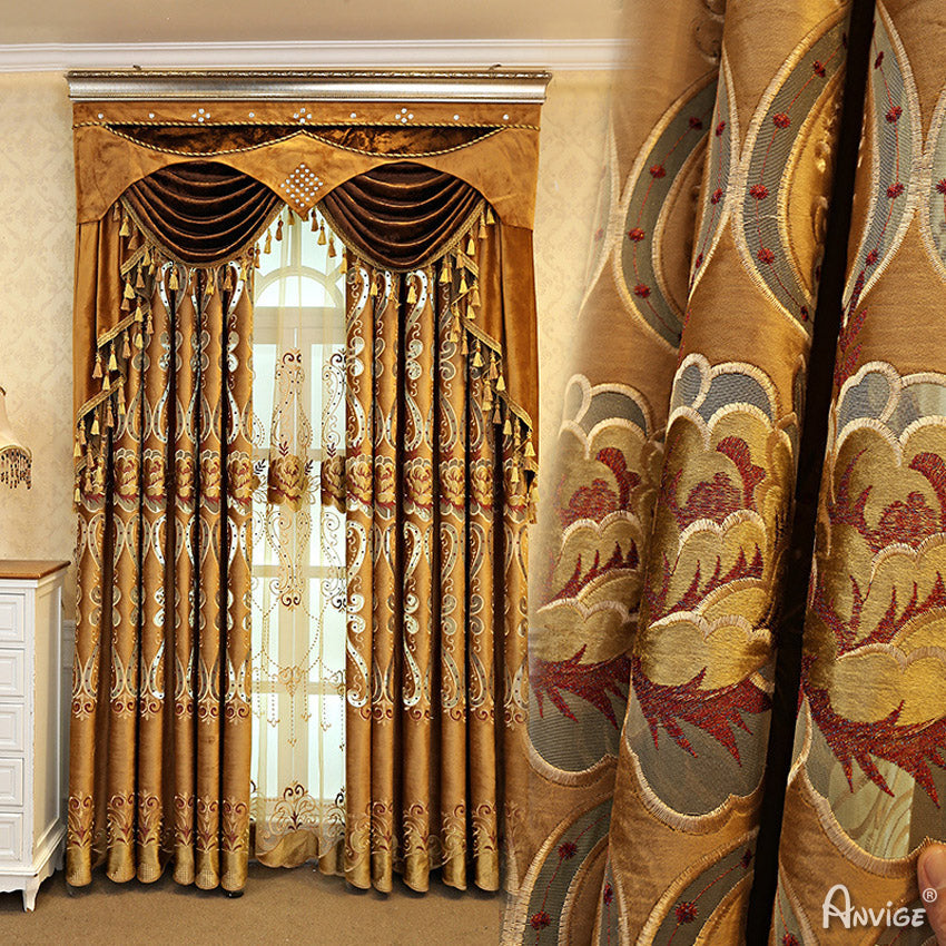 Anvige Home Textile Luxury Curtain ANVIGE Golden Color Velvet Fabric Emboridered Curtains,Customized Valance,Window Treatment For Living Room