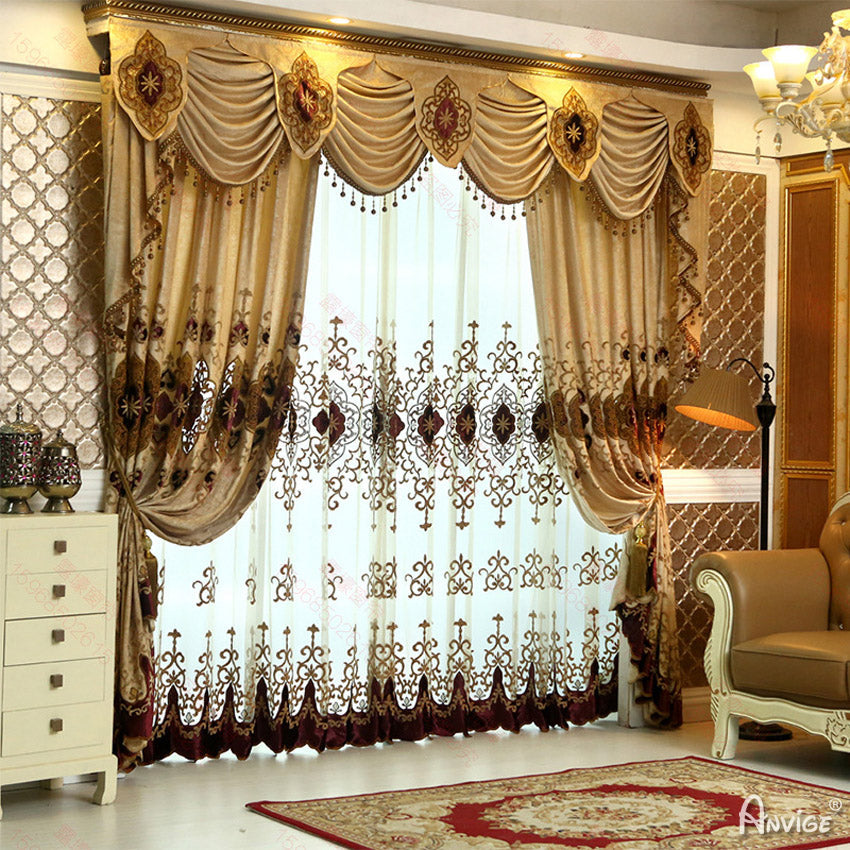 Anvige Home Textile Luxury Curtain ANVIGE Luxury Beige Color Embroidered Curtain With Valance,Custom Made Blackout Window Drapes For Living Room
