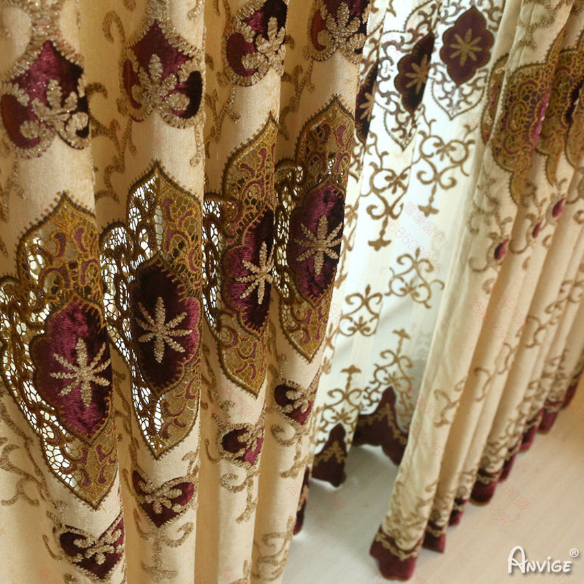 Anvige Home Textile Luxury Curtain ANVIGE Luxury Beige Color Embroidered Curtain With Valance,Custom Made Blackout Window Drapes For Living Room