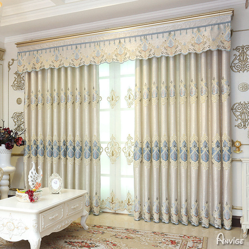 Anvige Home Textile Luxury Curtain ANVIGE Luxury Beige Embroidered Curtains Luxury Valance,Custom Made Blackout Window Drapes For Living Room