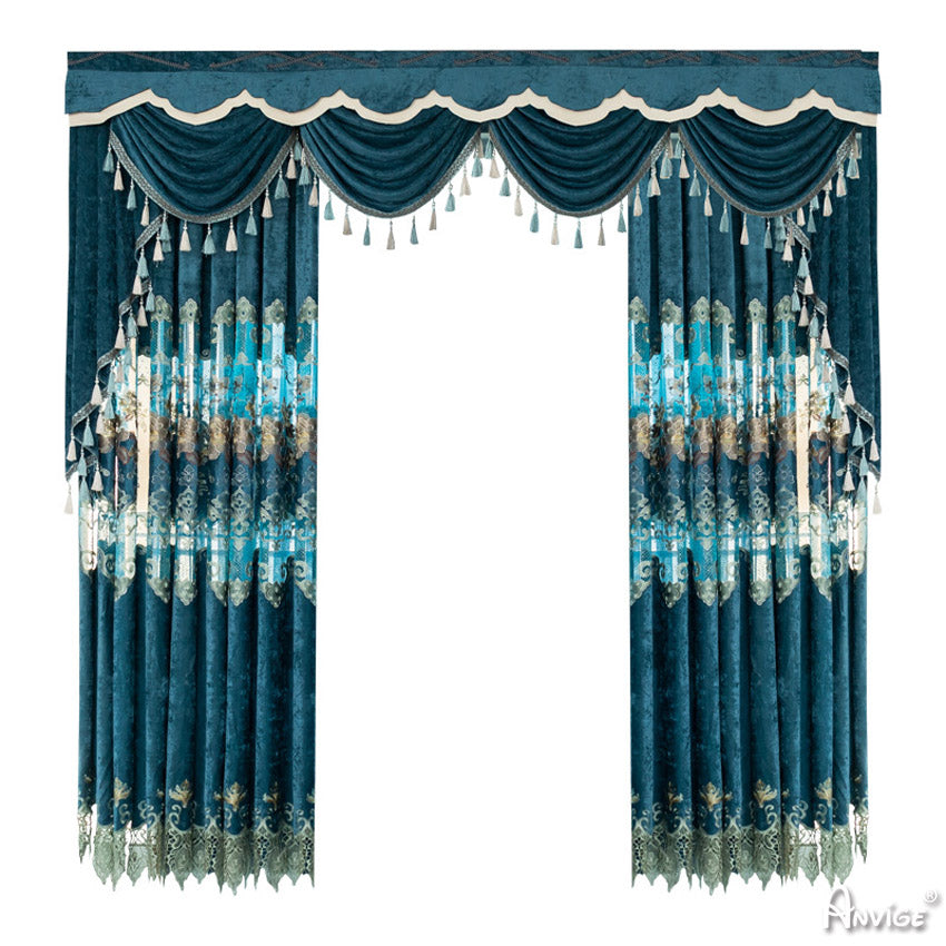 Anvige Home Textile Luxury Curtain ANVIGE Luxury Blue Chenille Fabric Emboridered Curtains,Customized Valance,Window Treatment For Living Room