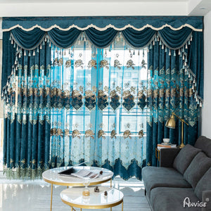 Anvige Home Textile Luxury Curtain ANVIGE Luxury Blue Chenille Fabric Emboridered Curtains,Customized Valance,Window Treatment For Living Room