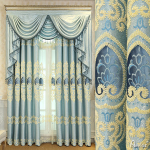 Anvige Home Textile Luxury Curtain ANVIGE Luxury Blue Embroidered Curtain With Valance,Custom Made Blackout Window Drapes For Living Room