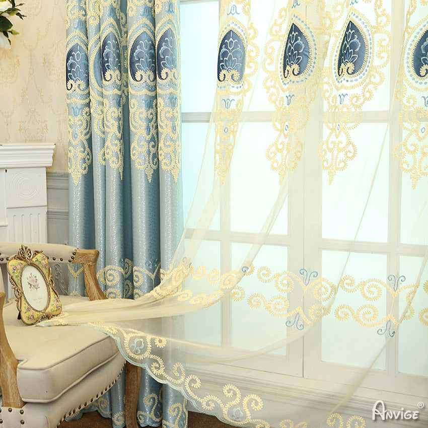 Anvige Home Textile Luxury Curtain ANVIGE Luxury Blue Embroidered Curtain With Valance,Custom Made Blackout Window Drapes For Living Room