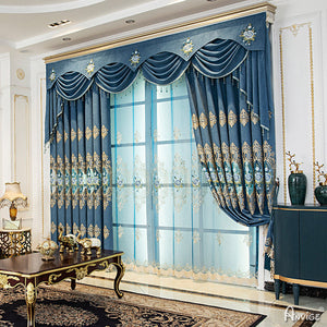 Anvige Home Textile Luxury Curtain ANVIGE Luxury Blue Embroidered Valance,Custom Made Blackout Window Curtains For Living Room