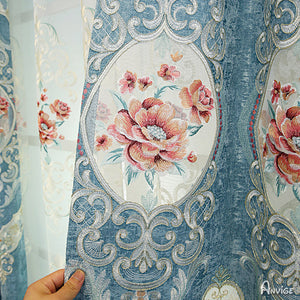 Anvige Home Textile Luxury Curtain ANVIGE Luxury Blue Flower Embroidered Curtain With Valance,Custom Made Blackout Window Drapes For Living Room