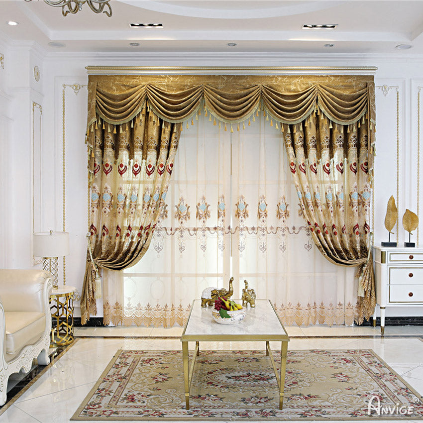 Anvige Home Textile Luxury Curtain ANVIGE Luxury Coffee Embroidered Curtains,Customized Valance,Window Treatment For Living Room