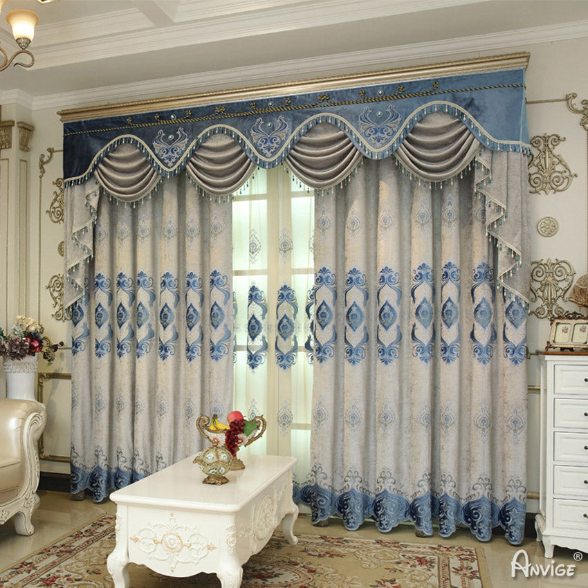 Anvige Home Textile Luxury Curtain ANVIGE Luxury Embroidered Curtain With Valance,Custom Made Blackout Window Drapes For Living Room