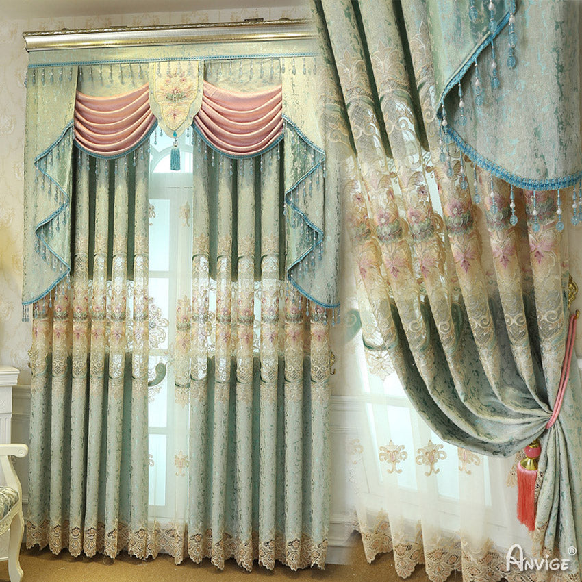 Anvige Home Textile Luxury Curtain ANVIGE Luxury Green Blue  Color Embroidered Valance,Custom Made Blackout Window Curtains For Living Room