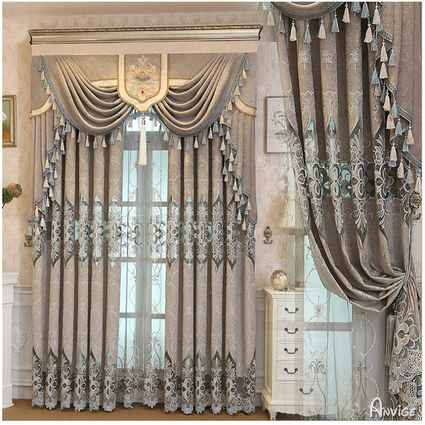Anvige Home Textile Luxury Curtain ANVIGE Luxury Grey Chenille Fabric Emboridered Curtains,Customized Valance,Window Treatment For Living Room